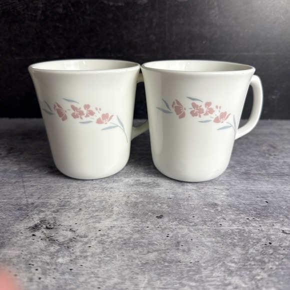(2) Corning M'Wave Silk Blossoms Coffee Mugs/Cups White Pink Floral Retired Nice - Picture 1 of 6